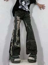 Threebooy Heavy-wash Distressed Multi-pocket Straight-leg Jeans American Retro Street Wide Leg Jeans Harajuku Style Hip Hop Trousers